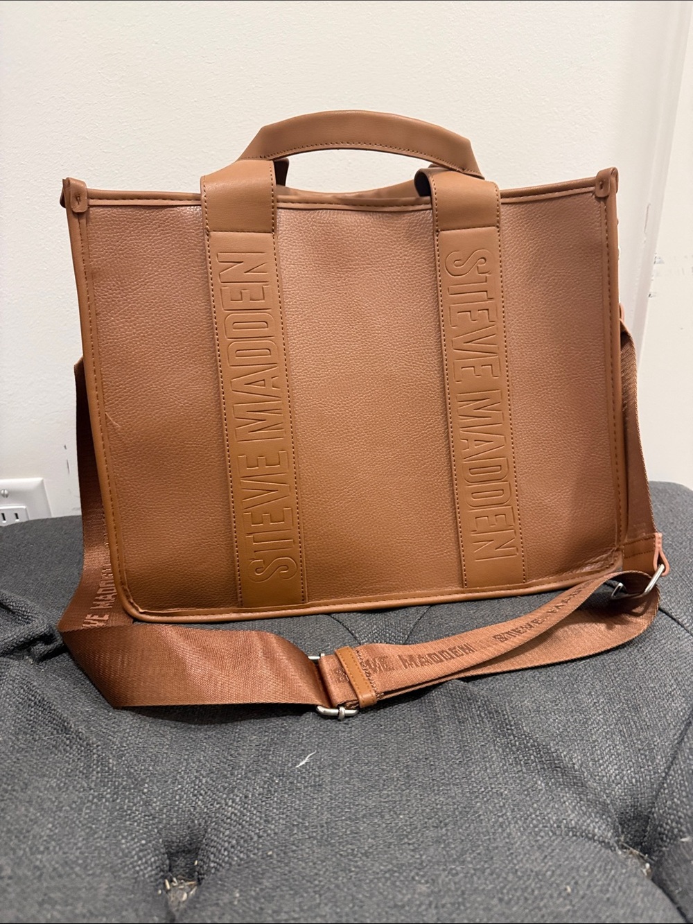 Steve Madden Brown Leather-Look Messenger Tote with Adjustable Strap